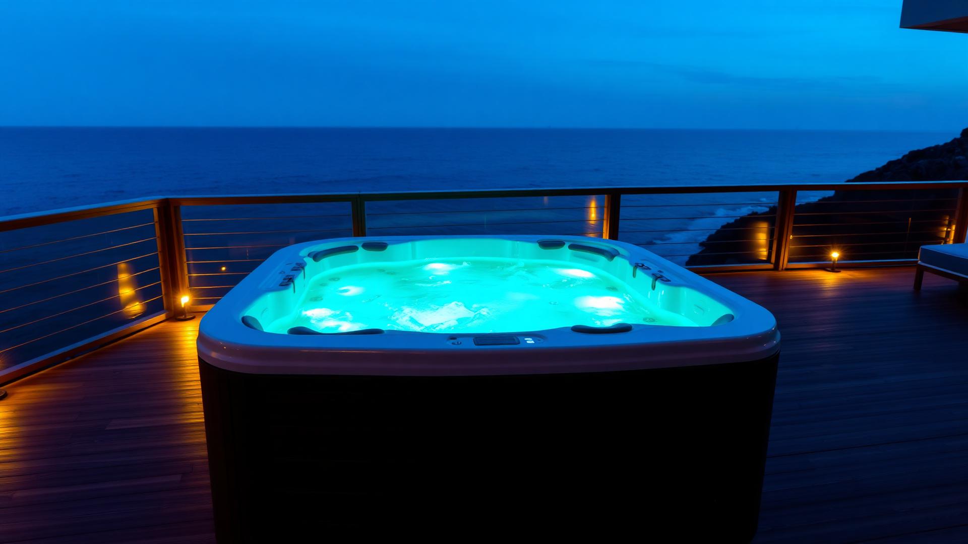 Spa de hidromassagem iluminado em varanda de alto padrão